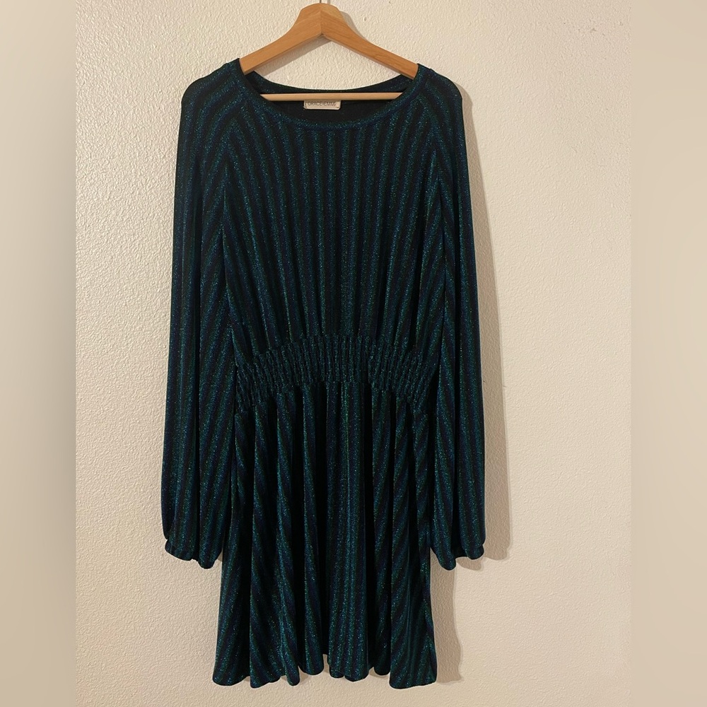 Emma + Grace Emerald and Sapphire Shimmery Striped Long Sleeve Dress Size Large